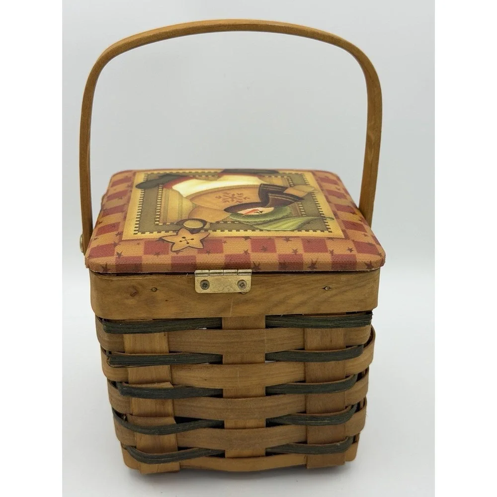 Vintage Winter Magic Holiday Snowman Wooden Square Lidded Handled Basket Brown